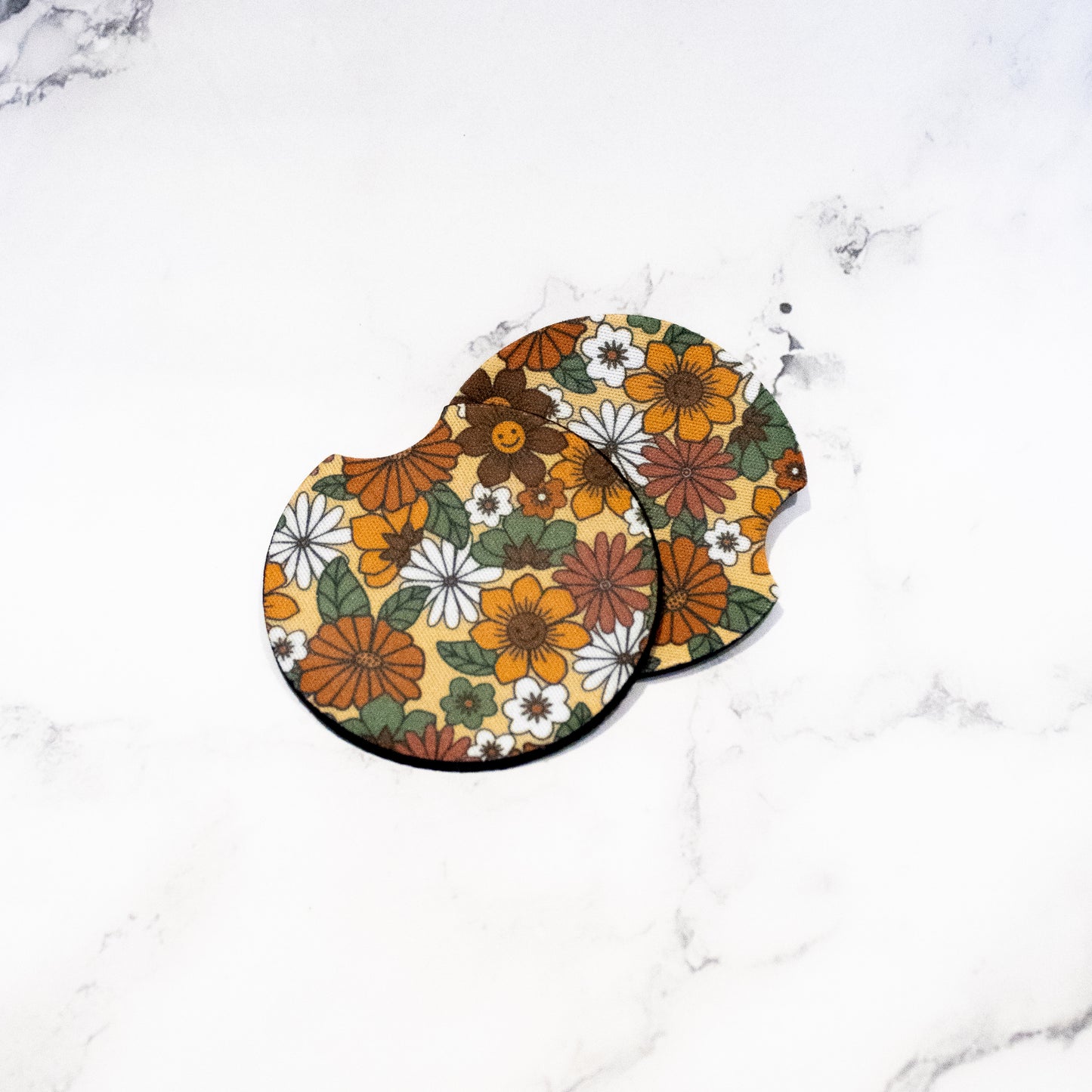 Smiley Flower Car Coasters 2-Pack